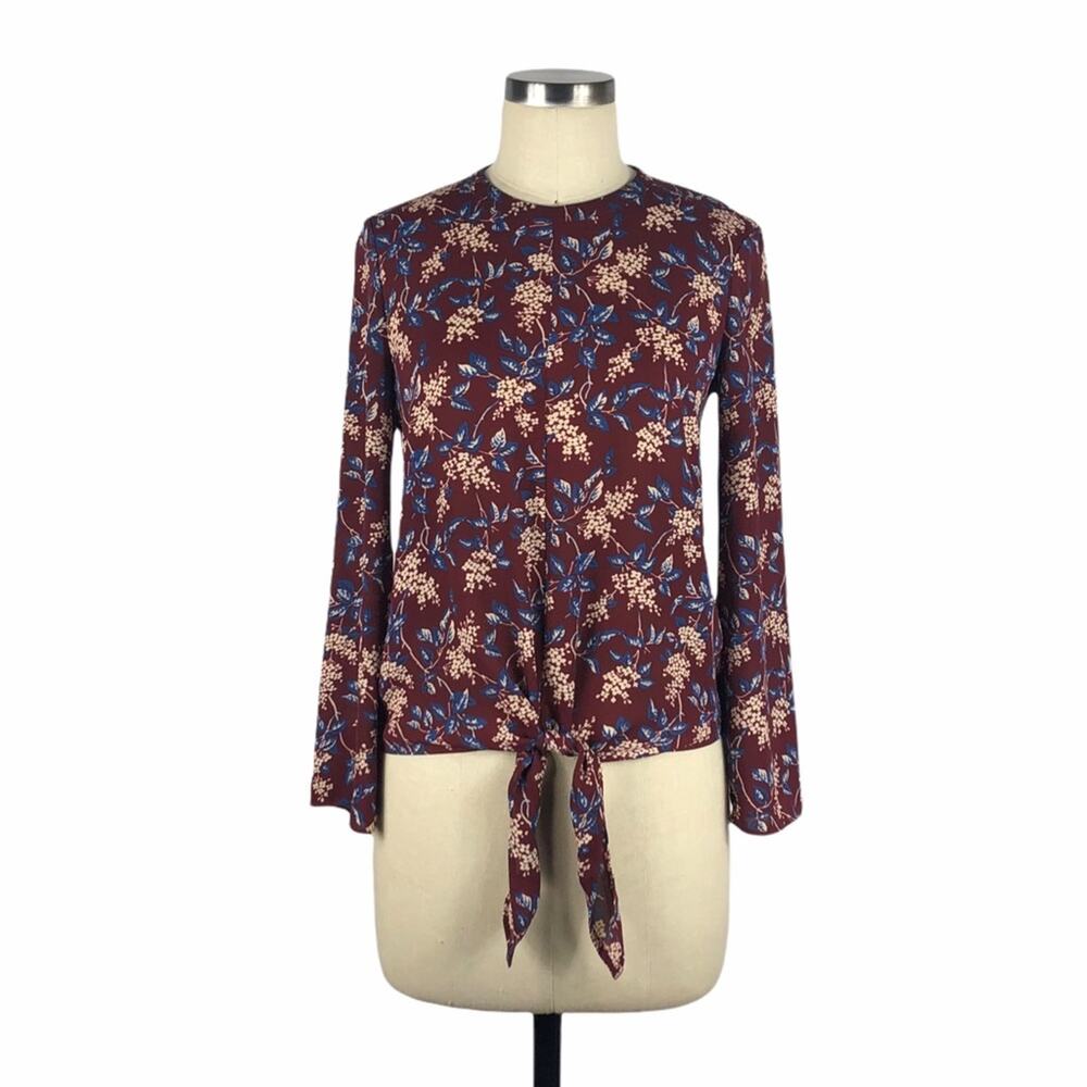 MADEWELL Bell-Sleeve Tie Top in Antique Flora XS Purple Blue Floral Boho Light